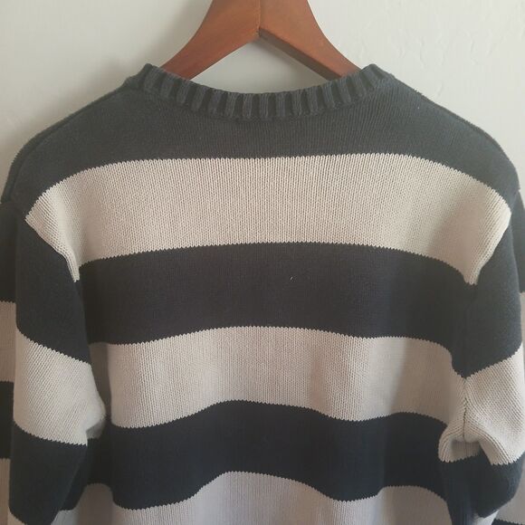 John Galt Navy Blue & Off White Striped Crew Neck 100% Cotton Sweater O/S - Picture 8 of 11